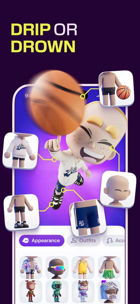 Omada - Make Sport Social - Pantalla de la app Omada que muestra opciones de personalización de avatares Omaji y atuendos con el texto Drip or Drown