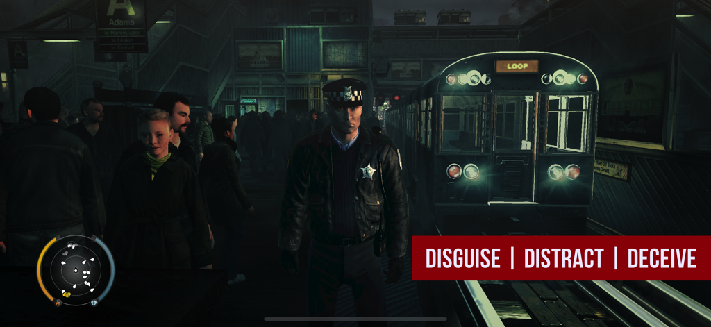 Hitman: Absolution - Agent 47 in a police officer disguise standing at a crowded subway station next to a train