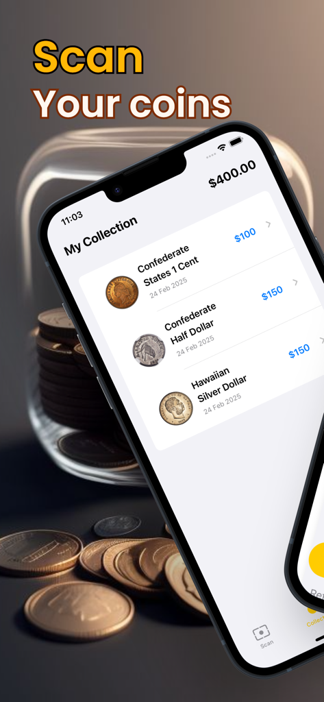Rare Coin Value Identifier - 保存された歴史的なコインのデジタルコレクションと市場価格を表示する、Rare Coin Value Identifierアプリのインターフェース。