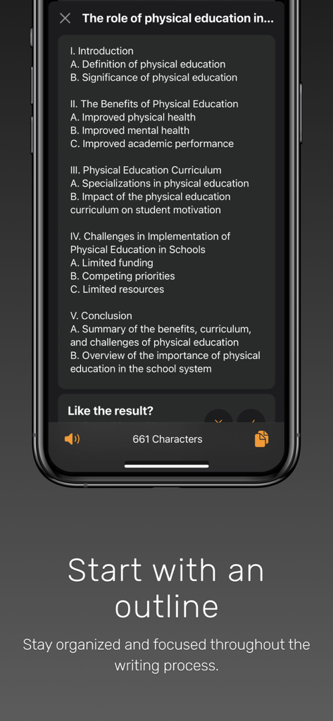 AI Essay Writer: Writing Tools - Eine detaillierte Essay-Gliederung für Sportunterricht, angezeigt in der KI-Essay-Schreiber-App.