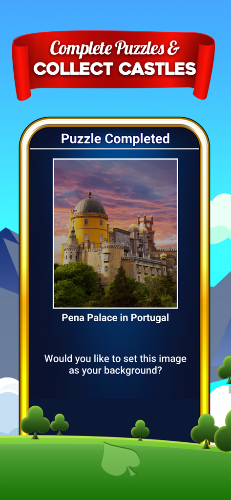 Castle Solitaire mobile game screen showing a completed puzzle with an image of Pena Palace and an option to set it as a background