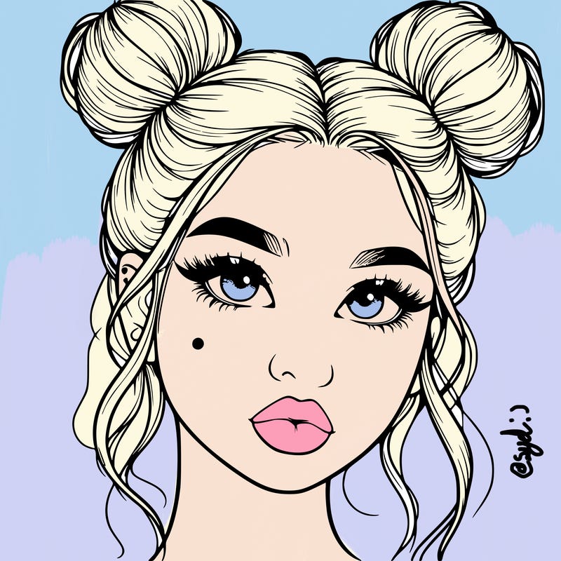 realistic girl with two buns on her hair and lips