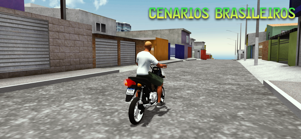Motos Brasil Online - A character riding a motorcycle through a Brazilian urban neighborhood street