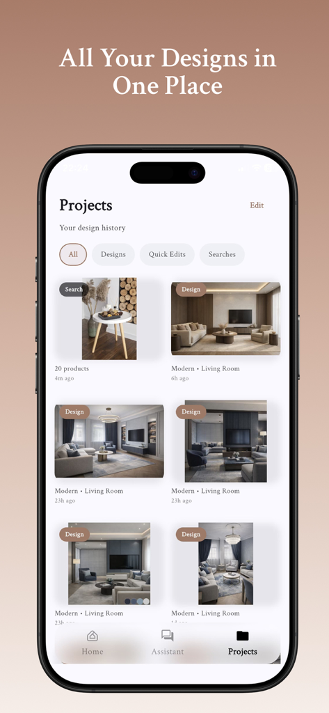 Una vista galleria di progetti salvati di design d'interni AI nell'app Interia che mostra concetti di soggiorno moderni.