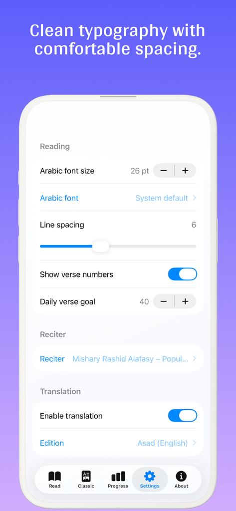 The settings interface of the Quran Art app displaying typography and reading customization options.