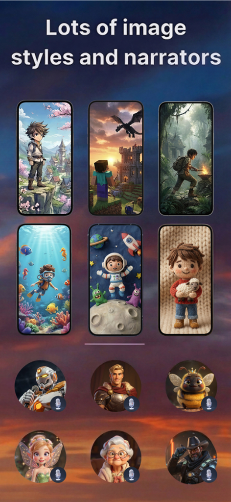 Fable: The AI Story Generator - A showcase of diverse AI-generated illustration styles and narrator characters available in the Fable app.