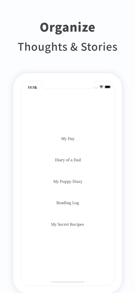 Notes, Journal, Diary: PenCake - Minimalist interface of PenCake app showing organized story categories on a mobile screen.