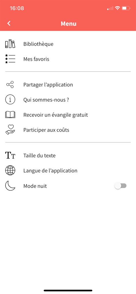 La Bonne Semence - Interface showing the menu and settings of the La Bonne Semence devotional app including night mode and text size options