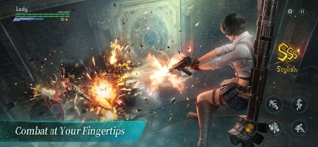 Devil May Cry: Peak of Combat - Lady feuert ein Maschinengewehr ab, um einen stilvollen SSS-Rang in Devil May Cry Peak of Combat zu erreichen