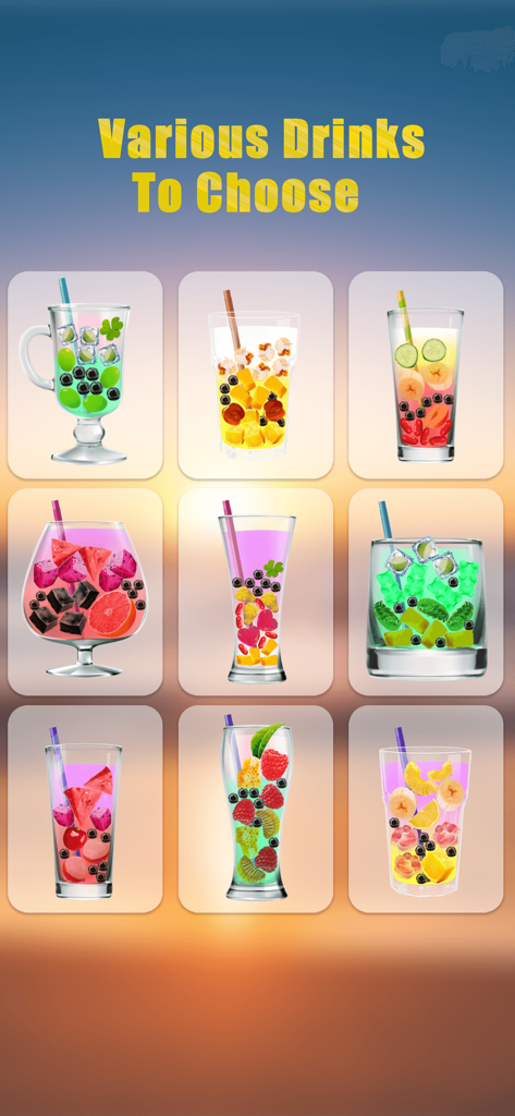 A grid showcasing nine different colorful virtual boba and fruit drink recipes