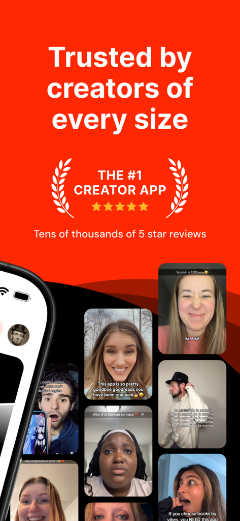 Noise - Make Money Posting - Noiseアプリのプロモーション。5つ星評価と、ショート動画を作成している多様なクリエイターのグリッドが表示されています。