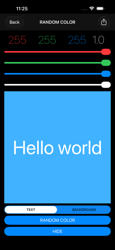 RGB Test app interface with color sliders and text contrast verification feature