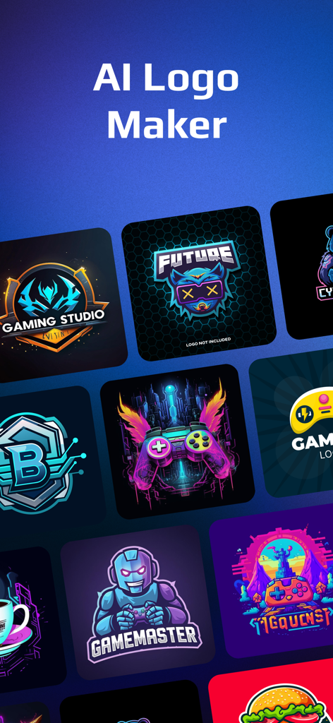 AI Logo Maker App: Generator - AIロゴジェネレーターアプリで作成された、カラフルで鮮やかなゲームロゴデザインのコレクション