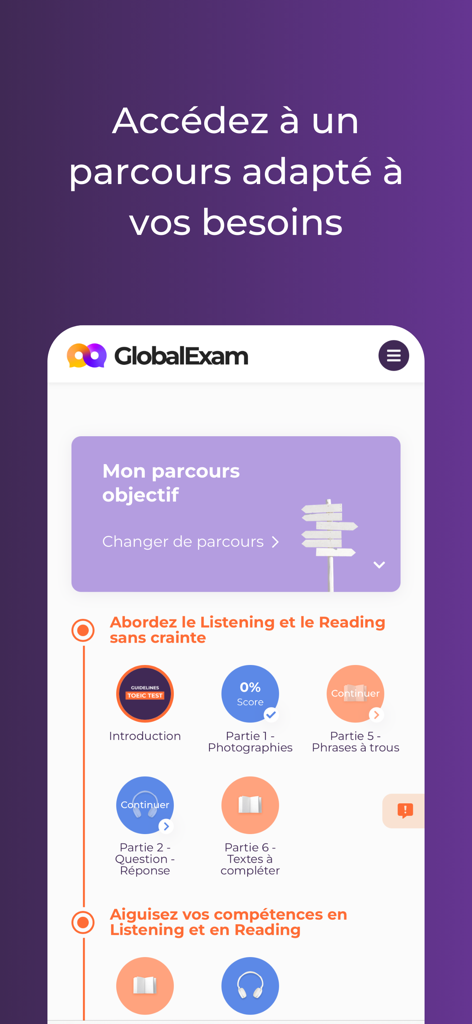 GlobalExam - Cours de langues - Interface de l'application GlobalExam affichant un parcours d'apprentissage personnalisé pour la préparation aux examens de langue comme le TOEIC.