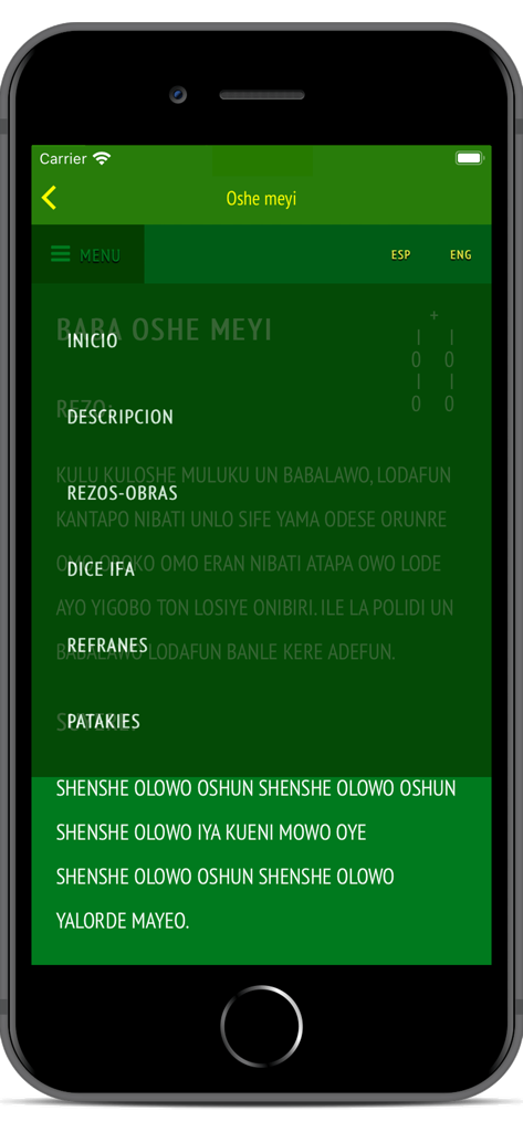 Signos Ifa - Menú de navegación de la aplicación móvil Signos Ifa que muestra secciones espirituales como Patakies y Refranes para el signo Oshe Meyi