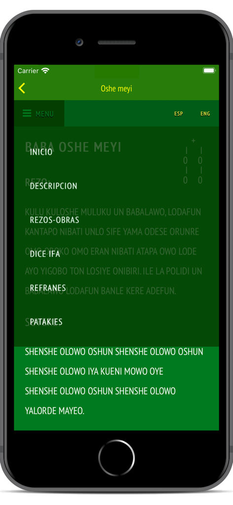 Menú de navegación de la aplicación móvil Signos Ifa que muestra secciones espirituales como Patakies y Refranes para el signo Oshe Meyi