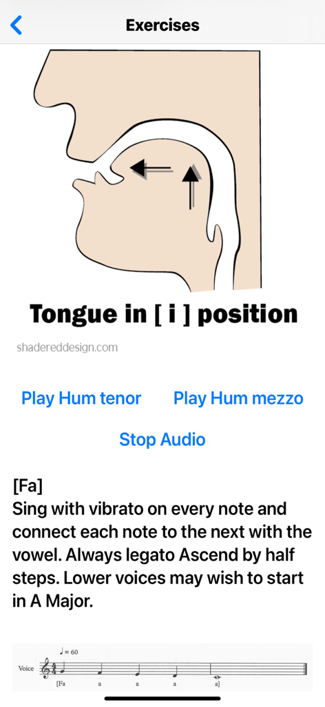 Vocal Tech - A vocal exercise screen from the Vocal Tech app showing a diagram of the tongue in the i position with singing instructions and music notation
