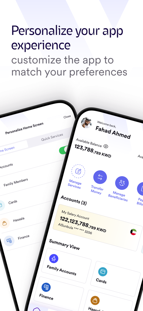 Warba Bank mobile app showing personalized home screen settings and account summary views on two smartphones.
