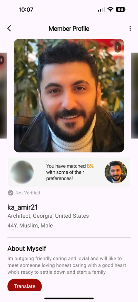 A user profile on the Qiran Muslim matrimonial app displaying a member's photo, age, location, profession, and bio.