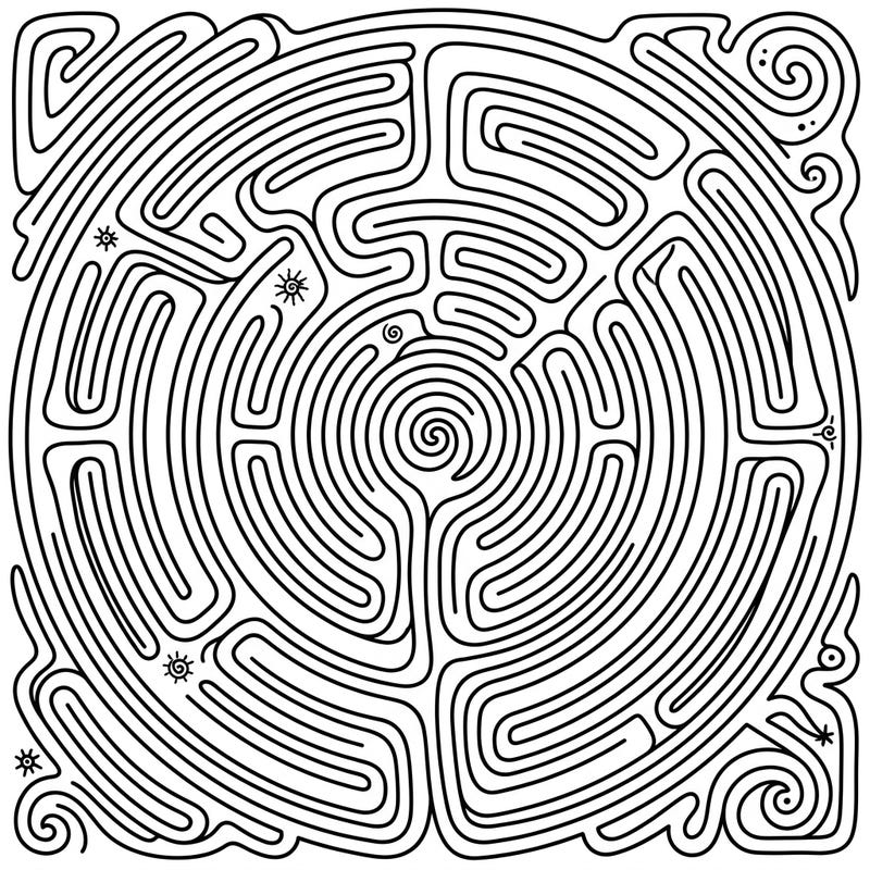 Dive into a mesmerizing world with this intricate Spiral Labyrinth coloring page, featuring winding paths and ancient-inspired patterns. Perfect for unwinding and finding your creative flow.