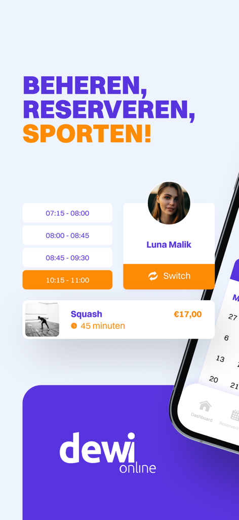 Dewi Online - Interface do aplicativo Dewi Online mostrando o perfil de um membro e opções de reserva de aulas de squash