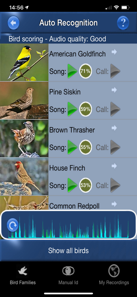 Bird Song Id USA songs & calls - Interfaccia di riconoscimento automatico dell'app Bird Song Id USA che mostra un elenco di uccelli corrispondenti con percentuali di accuratezza e forme d'onda audio