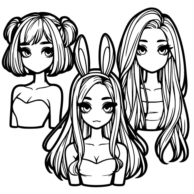 three realistic girls one with pigtails one with bunny ears and one with shoulder length hair