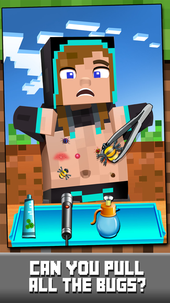 Block Doctor's Hospital Craft Salon - Pocket Mine Edition - Un personnage cubique d'un jeu de docteur se fait retirer des insectes de l'estomac à l'aide de pinces à épiler.