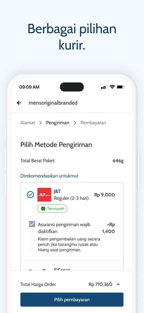 Mens Original Branded - Mobile app checkout screen showing shipping method selection and order total for Mens Original Branded.