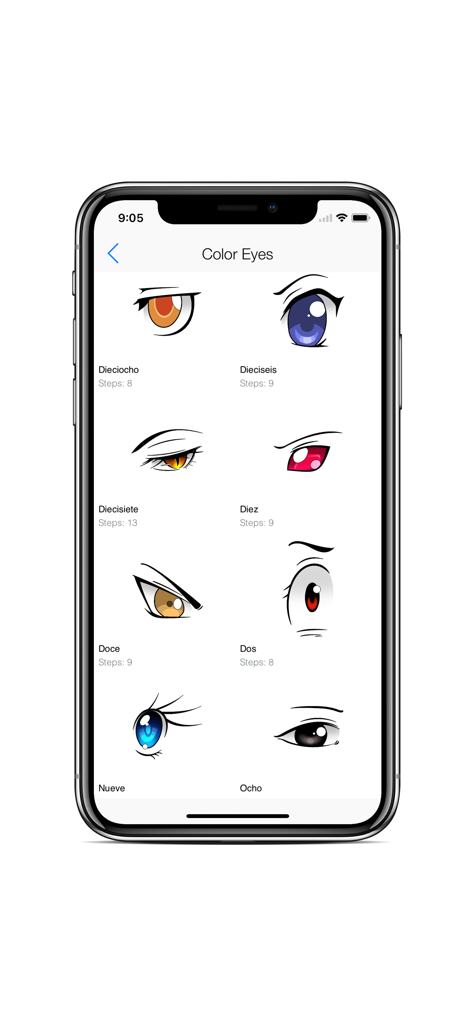 Draw Human Body - Hair Style - A menu showing various colorful anime eye drawing styles with step by step instructions
