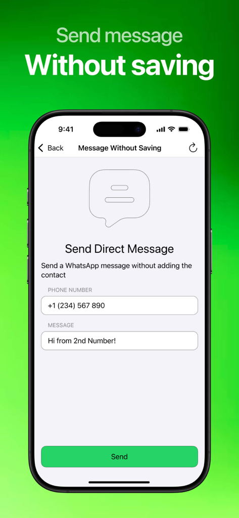 Interfaz que muestra la función de mensaje directo para enviar mensajes de WhatsApp sin guardar contactos en la agenda del teléfono.