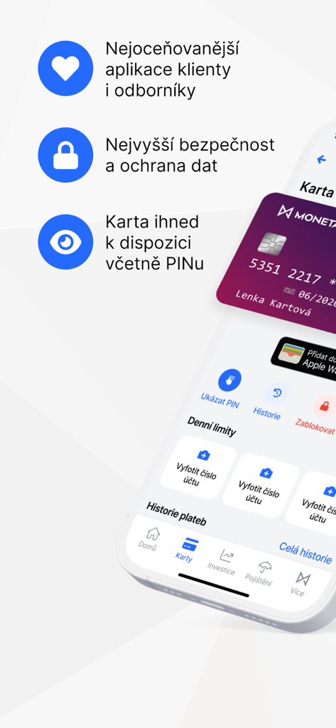 Moneta Smart Banka app interface showing a virtual card with security features and digital banking options