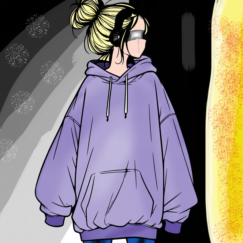 realistic girl with a oversized sweatshirt on and a bun