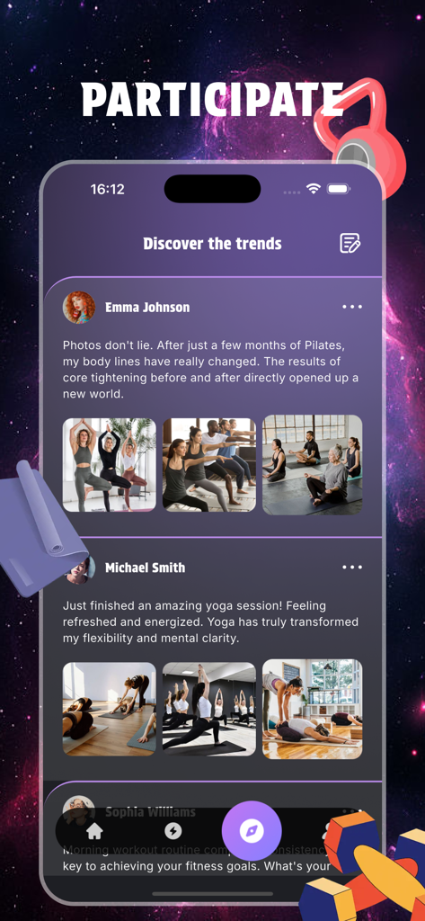 Screenshot of the Chime app social feed showing community posts and photos of yoga and pilates sessions