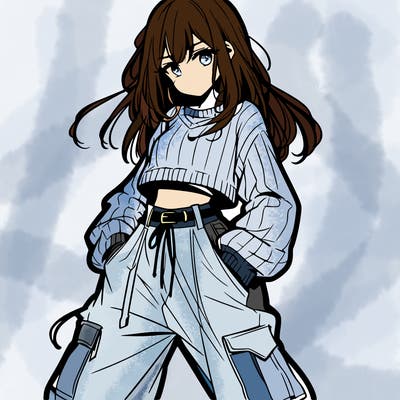 anime teen girl with baggy pants and crop top with sweater