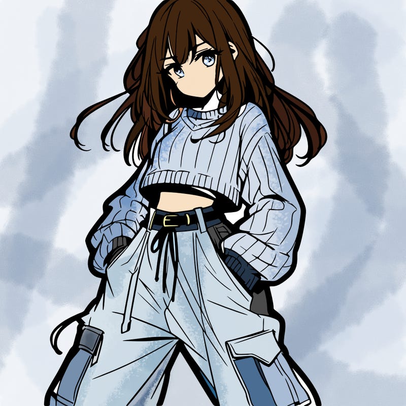 anime teen girl with baggy pants and crop top with sweater
