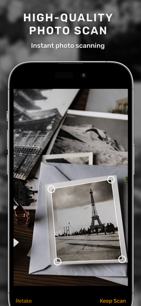 Photo Scan & Colorize - Raven - A smartphone interface using Raven app to scan a vintage photo with automatic edge detection