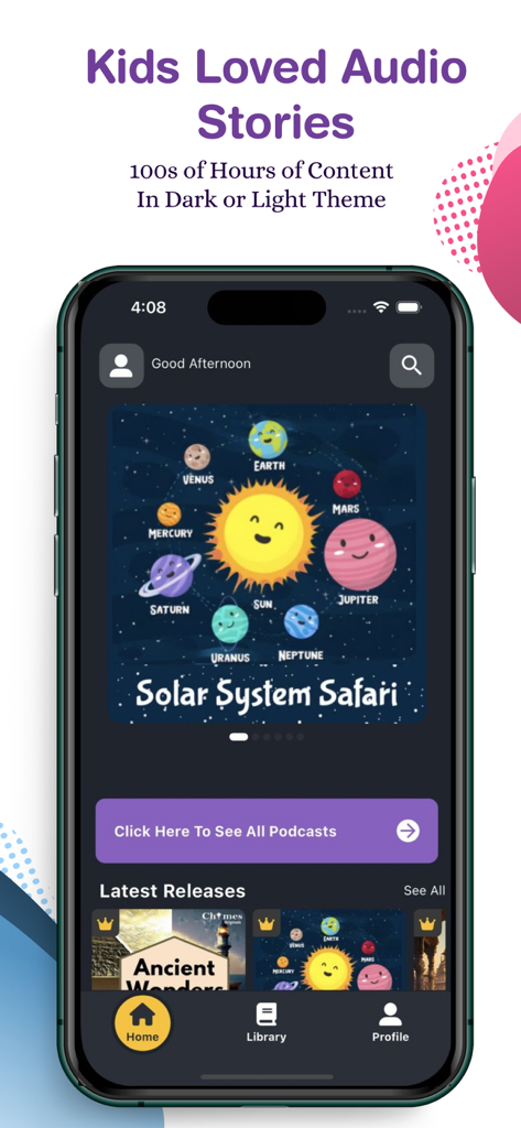 Chimes: Kids Audio Stories - Chimes kids audio stories app interface showing a solar system safari story for children in dark mode.