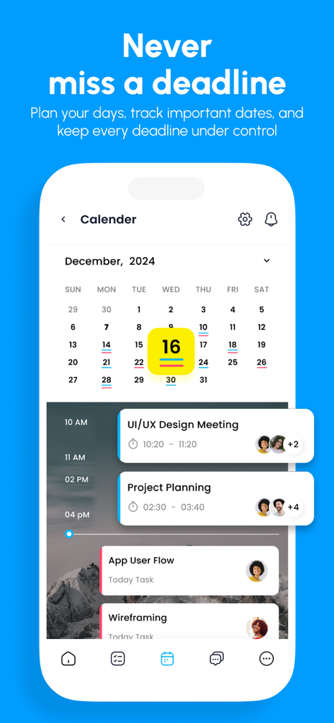 Project Management for Teams - Lyria app calendar interface showing project deadlines and scheduled team meetings