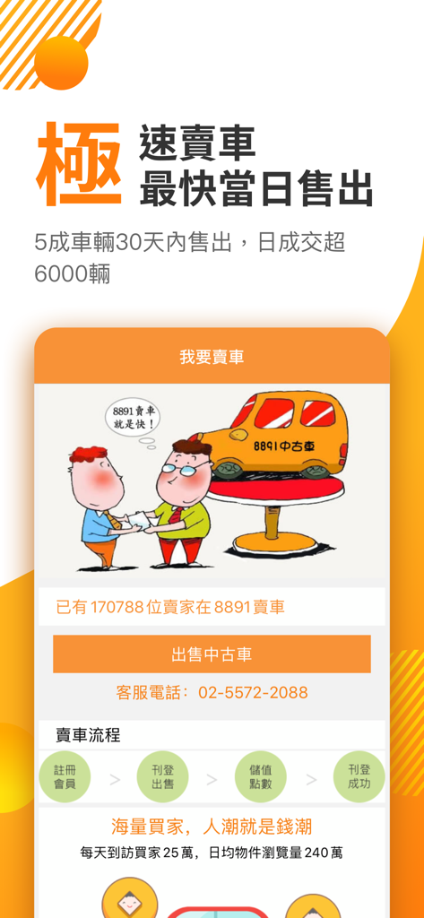 8891 중고차 앱 화면, 차량 판매 과정 및 사용자 통계 표시