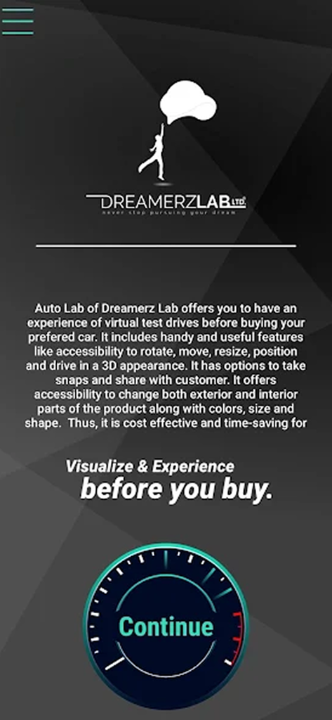 Auto Lab - Willkommensbildschirm der Auto Lab App mit Beschreibung einer virtuellen Probefahrt und einem Button im Tacho-Stil zum Fortfahren