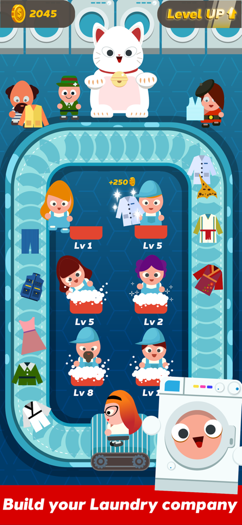 Laundry Idle - Laundry Idle 게임에서 컨베이어 벨트에서 옷을 세탁하는 만화 캐릭터