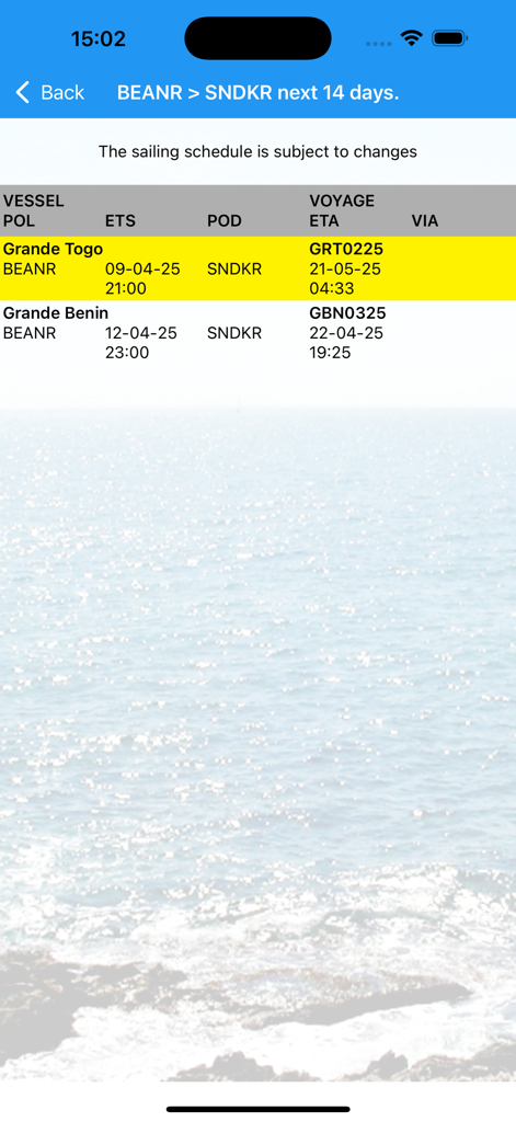 Grimaldi Cargo Mobile - Grimaldi Cargo Mobile app screen showing a sailing schedule list for vessels Grande Togo and Grande Benin
