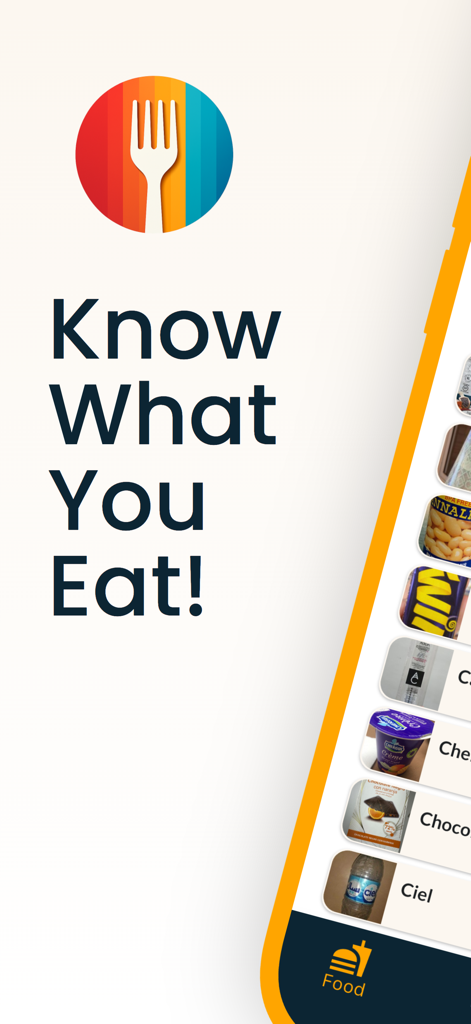 NutriScan: Know What You Eat - NutriScanモバイルアプリのホーム画面。スローガン「何を食べているかを知る」と最近スキャンされた食品のリストが表示されています。