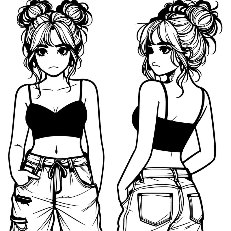 a realistic girl with a messy bun and baggy jeans with a crop top