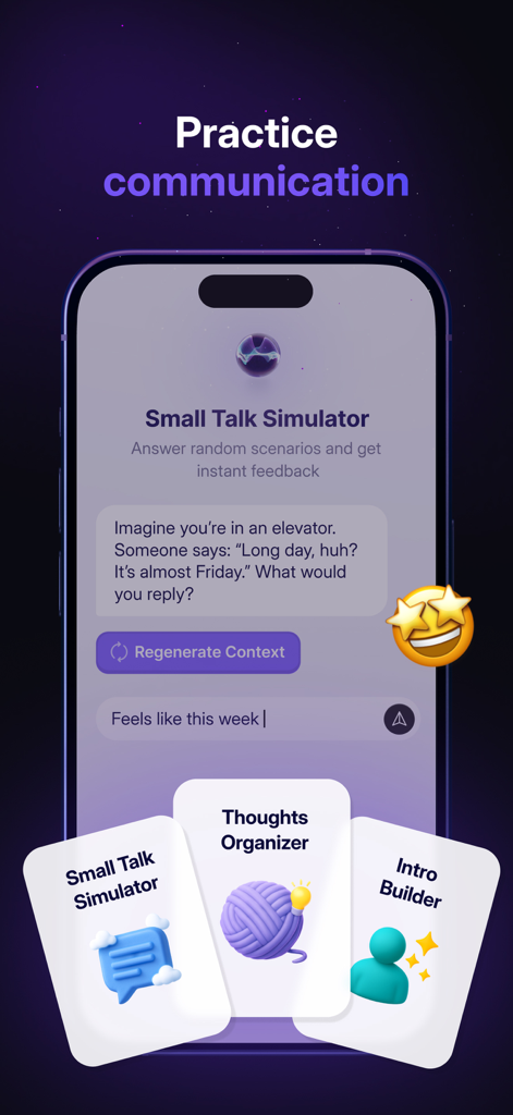 전문 커뮤니케이션 기술을 연습하기 위한 자신감 있는 대화 시뮬레이터를 보여주는 RiseGuide 앱 인터페이스