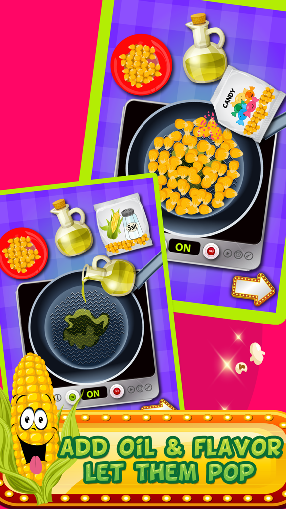 A screen from a kids cooking game showing oil and candy flavor being added to a pan of popcorn kernels on a stove