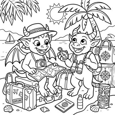 Get ready for an exciting journey with two adorable horned gargoyles enjoying their well-deserved vacation. This intricate coloring page captures the spirit of travel, exploration, and sunny beach adventures.