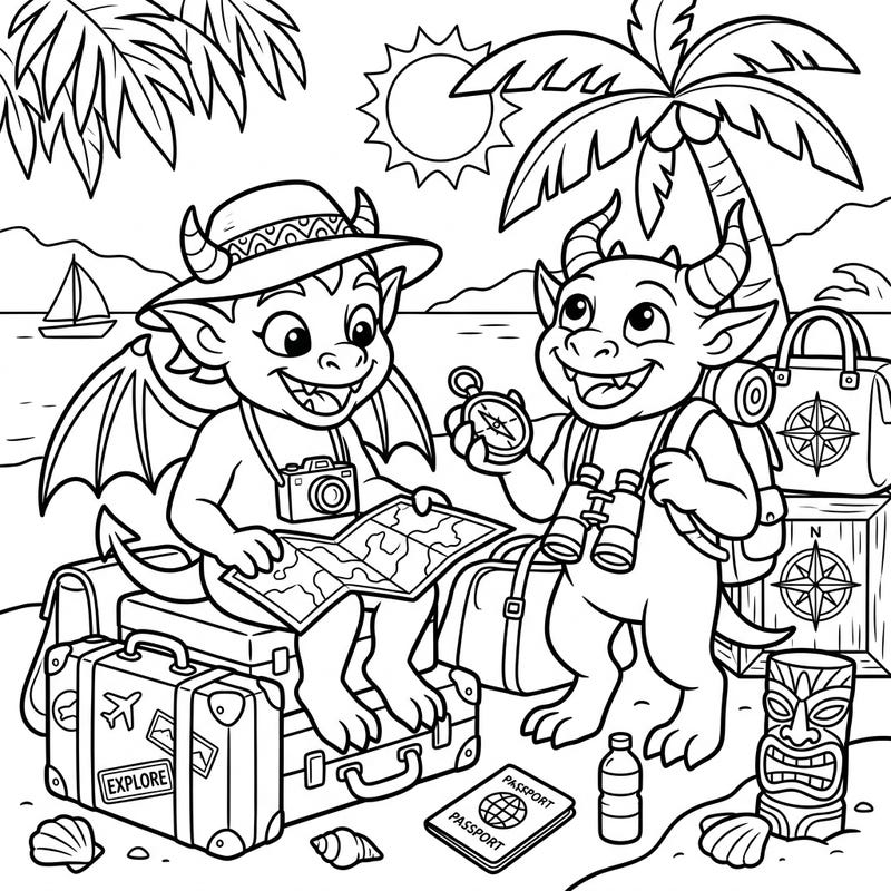 Get ready for an exciting journey with two adorable horned gargoyles enjoying their well-deserved vacation. This intricate coloring page captures the spirit of travel, exploration, and sunny beach adventures.