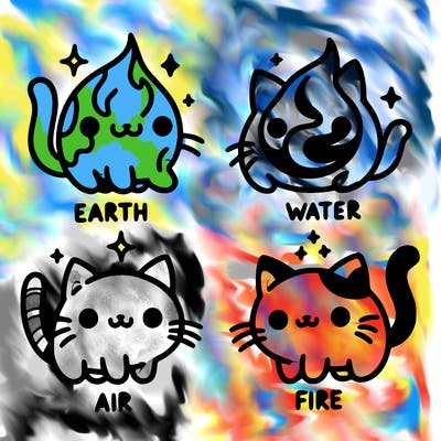 4 cats that represent the different elements, earth, water, air, and fire